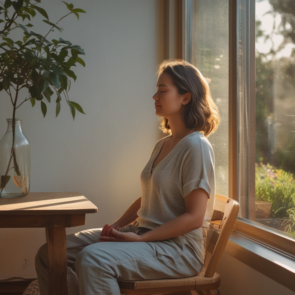 Person seated on a wooden chair by a large window overlooking a garden, eyes gently closed, hands resting calmly in lap, warm morning sunlight casting soft shadows, peaceful meditative posture in a quiet domestic setting
