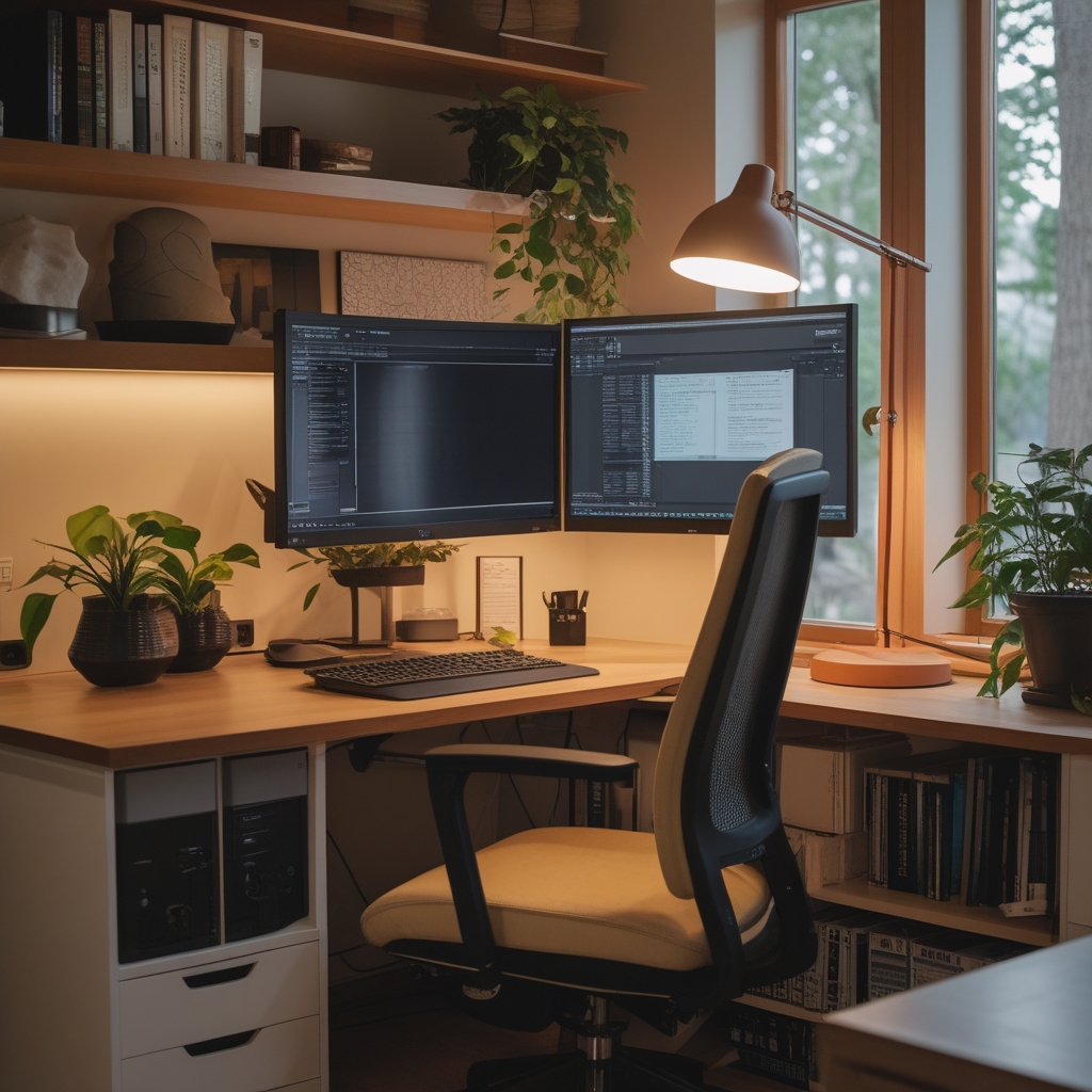 Modern ergonomic home office setup with a monitor at eye level on an adjustable stand, warm desk lamp beside the screen, green plant on the shelf, well-organized and comfortable workspace designed to reduce eye strain