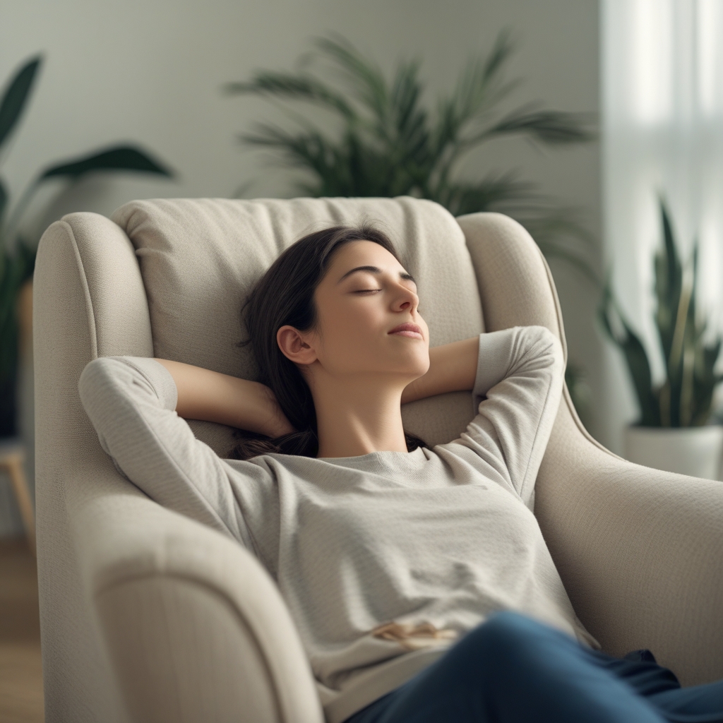 Person gently resting their head back in a comfortable armchair with closed eyes, away from screens, in a softly lit modern living room with indoor plants