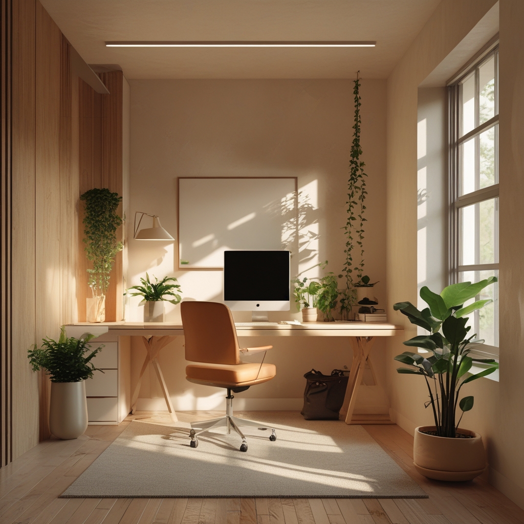 Minimalist ergonomic home office with a well-positioned monitor, adjustable chair, warm natural light from a side window, green plant on the desk, clean and organized workspace