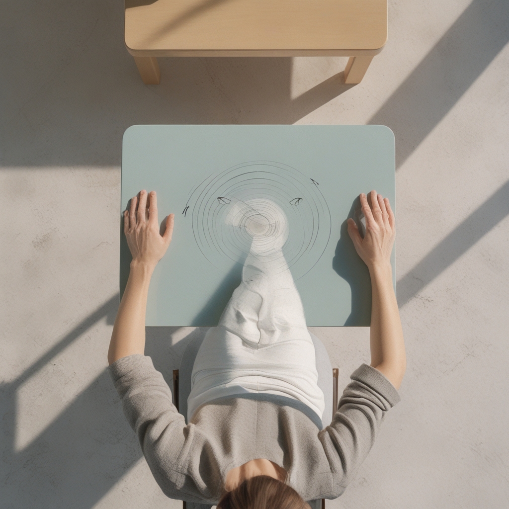 Illustration of gentle circular eye movement exercise viewed from above, person seated upright at a clean table with good posture and relaxed shoulders