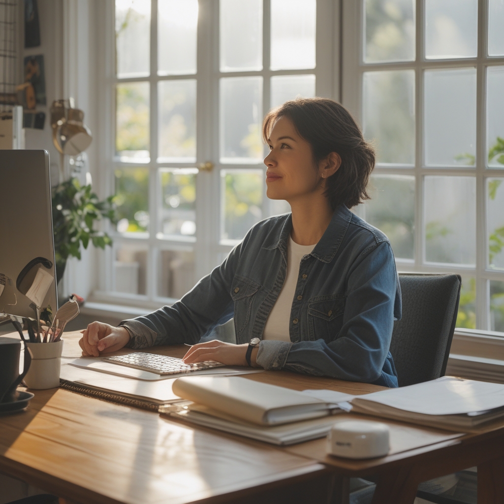 Person seated at a well-organized wooden desk near a large window with natural daylight, relaxed posture, looking calmly into the distance in a comfortable home office setting